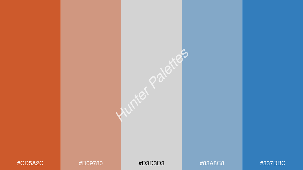 világos szürke szín palettája a következőkkel: #cd5a2c #d09780 #d3d3d3 #83a8c8 #337dbc