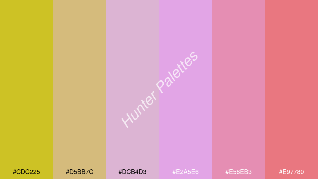 mályva szín palettája a következőkkel: #cdc225 #d5bb7c #dcb4d3 #e2a5e6 #e58eb3 #e97780