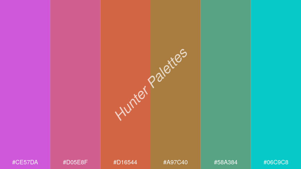 fahéj szín palettája a következőkkel: #ce57da #d05e8f #d16544 #a97c40 #58a384 #06c9c8