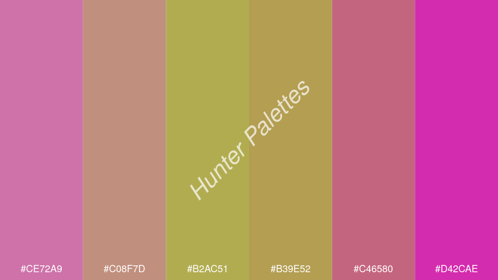 kivi szín palettája a következőkkel: #ce72a9 #c08f7d #b2ac51 #b39e52 #c46580 #d42cae