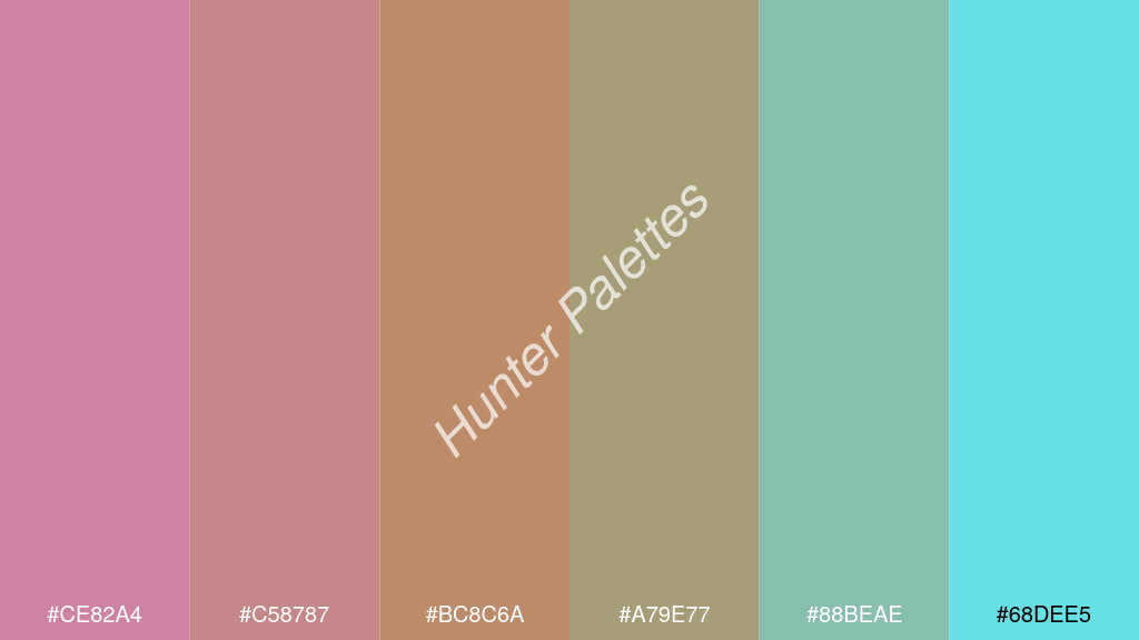 kalua szín palettája a következőkkel: #ce82a4 #c58787 #bc8c6a #a79e77 #88beae #68dee5