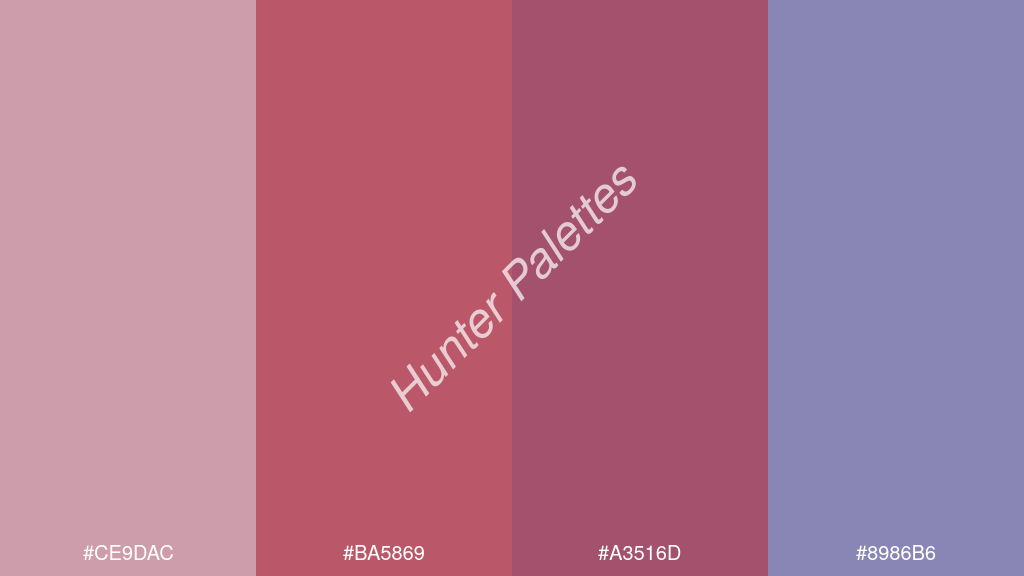 gránát szín palettája a következőkkel: #ce9dac #ba5869 #a3516d #8986b6