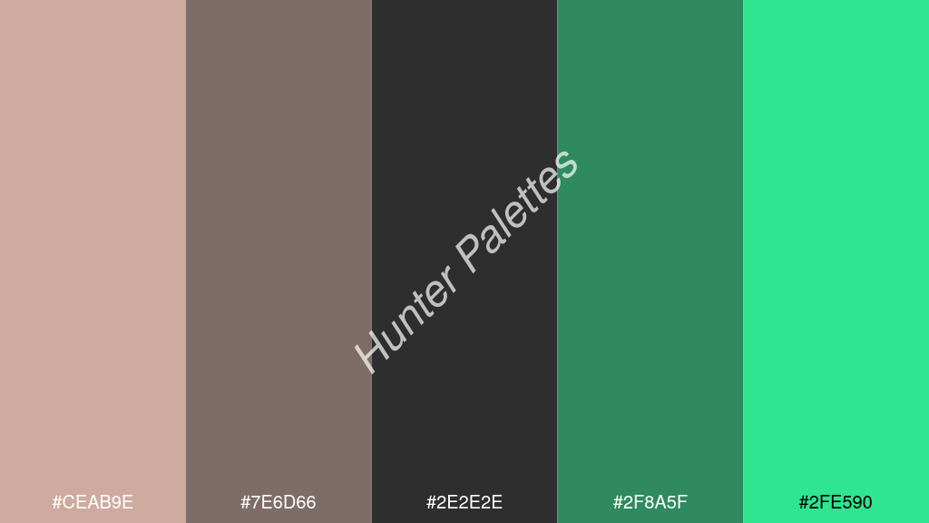 sötét szürke szín palettája a következőkkel: #ceab9e #7e6d66 #2e2e2e #2f8a5f #2fe590