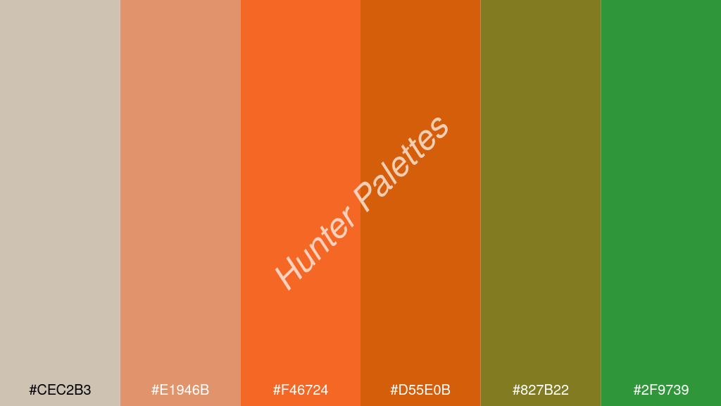 Pantone narancs szín palettája a következőkkel: #cec2b3 #e1946b #f46724 #d55e0b #827b22 #2f9739