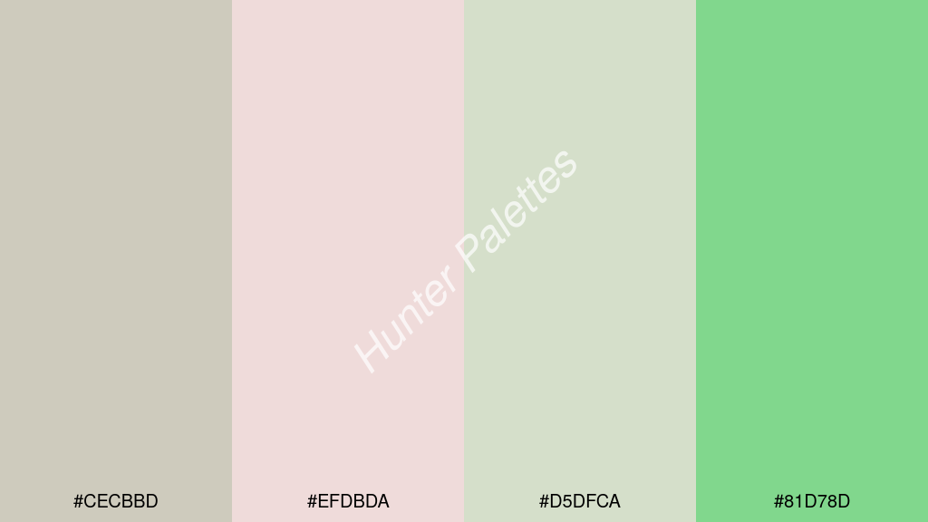 halvány rózsaszín szín palettája a következőkkel: #cecbbd #efdbda #d5dfca #81d78d