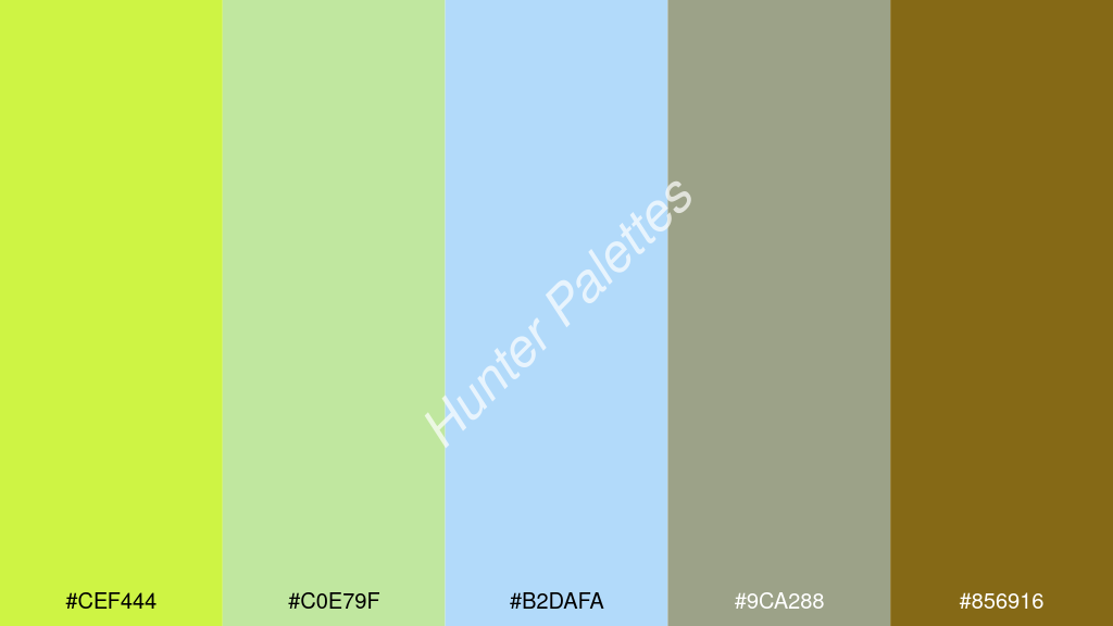 pasztellkék szín palettája a következőkkel: #cef444 #c0e79f #b2dafa #9ca288 #856916