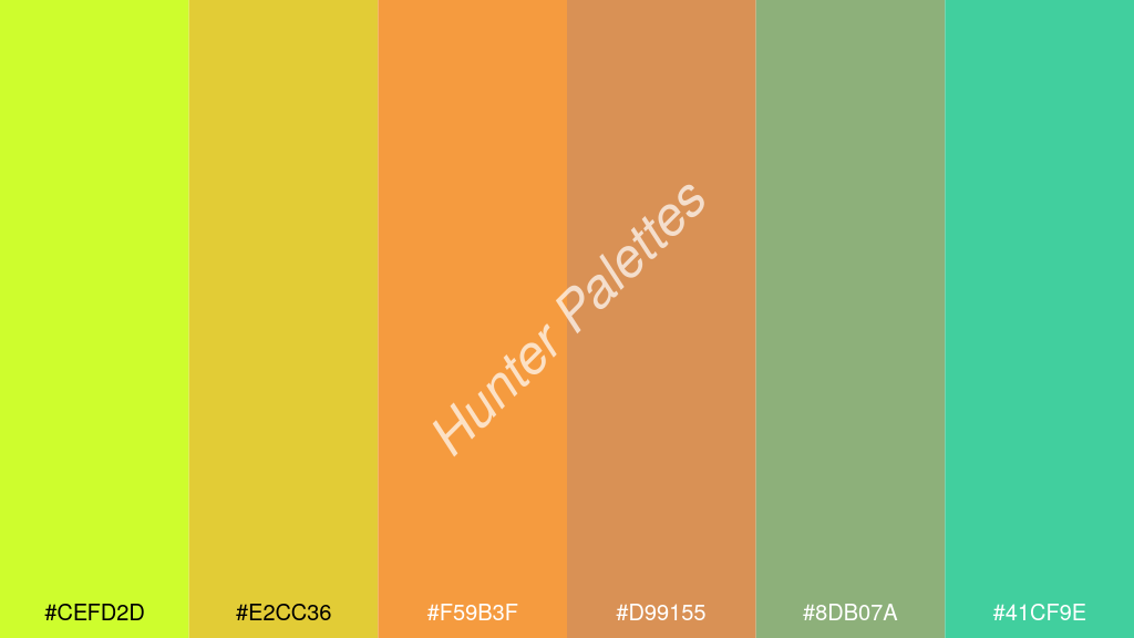 mangó szín palettája a következőkkel: #cefd2d #e2cc36 #f59b3f #d99155 #8db07a #41cf9e