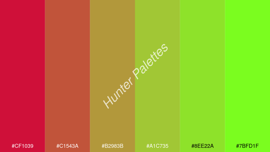 kivi szín palettája a következőkkel: #cf1039 #c1543a #b2983b #a1c735 #8ee22a #7bfd1f