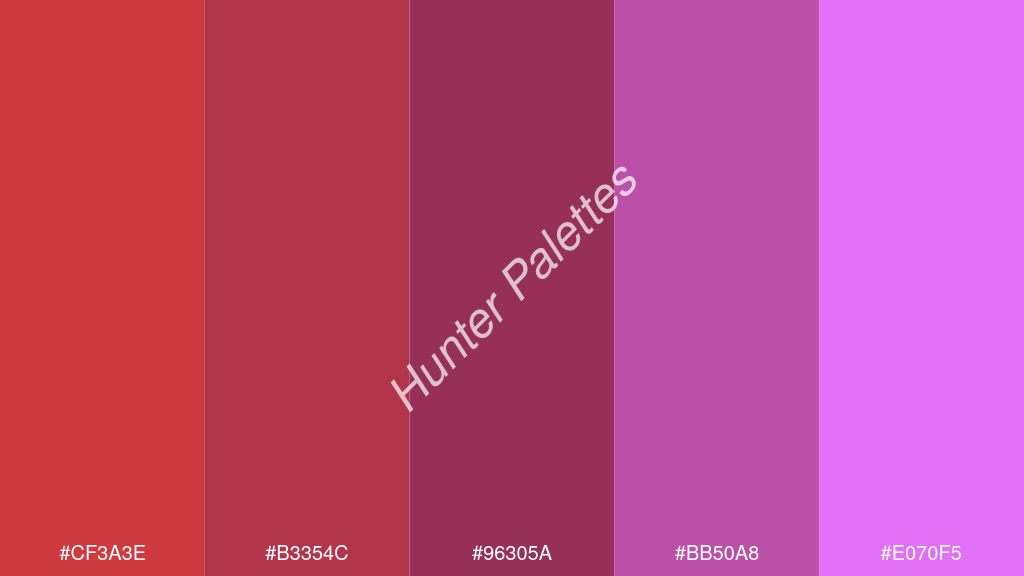 bordó szín palettája a következőkkel: #cf3a3e #b3354c #96305a #bb50a8 #e070f5