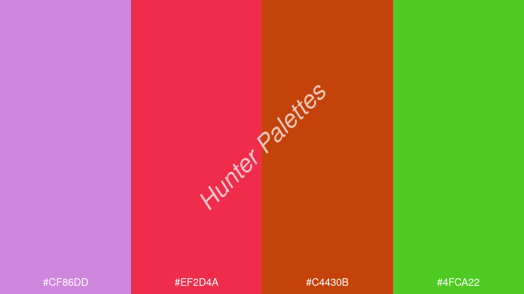 vörös szín palettája a következőkkel: #cf86dd #ef2d4a #c4430b #4fca22