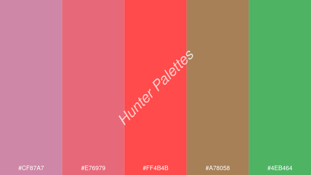 világos piros szín palettája a következőkkel: #cf87a7 #e76979 #ff4b4b #a78058 #4eb464
