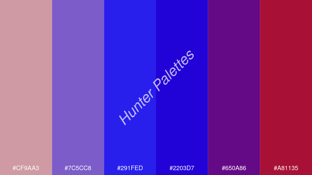 kék szín palettája a következőkkel: #cf9aa3 #7c5cc8 #291fed #2203d7 #650a86 #a81135