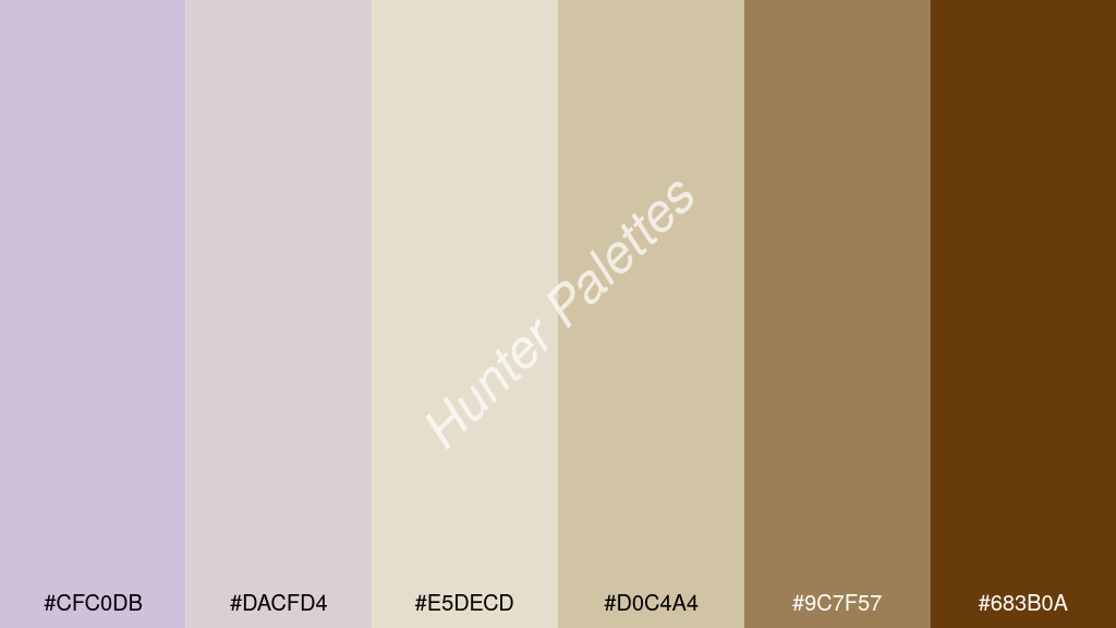 gyöngyház fehér szín palettája a következőkkel: #cfc0db #dacfd4 #e5decd #d0c4a4 #9c7f57 #683b0a
