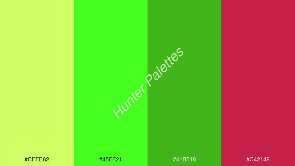 zöld szín palettája a következőkkel: #cffe62 #45ff21 #41b518 #c42148