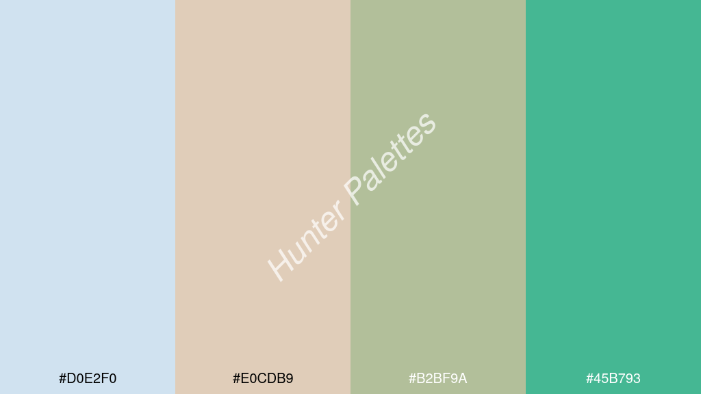bézs szín palettája a következőkkel: #d0e2f0 #e0cdb9 #b2bf9a #45b793