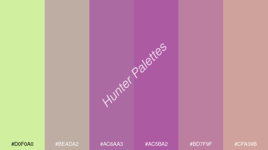 lila szín palettája a következőkkel: #d0f0a0 #beada2 #ac6aa3 #ac5ba2 #bd7f9f #cfa39b