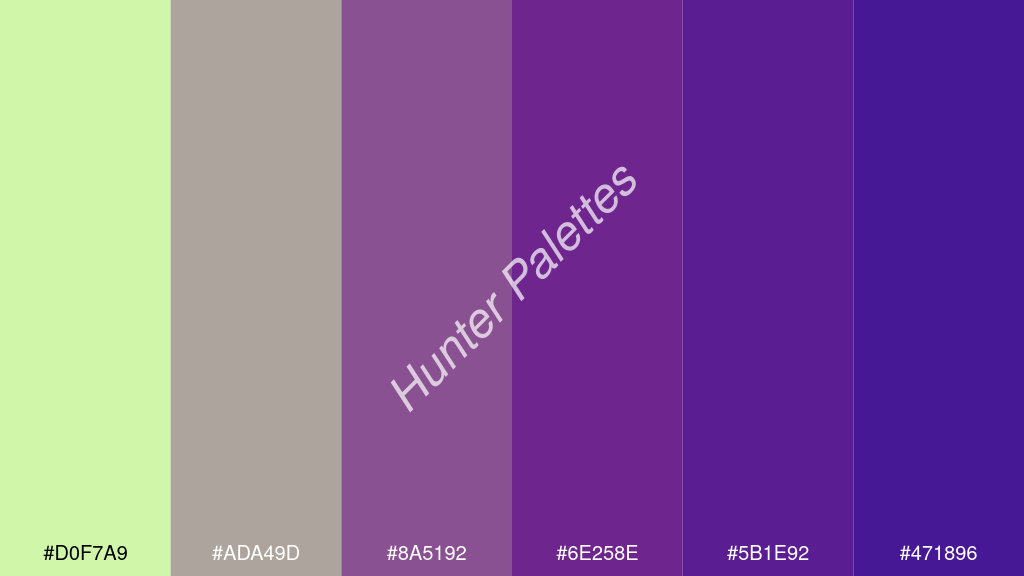 ibolya szín palettája a következőkkel: #d0f7a9 #ada49d #8a5192 #6e258e #5b1e92 #471896
