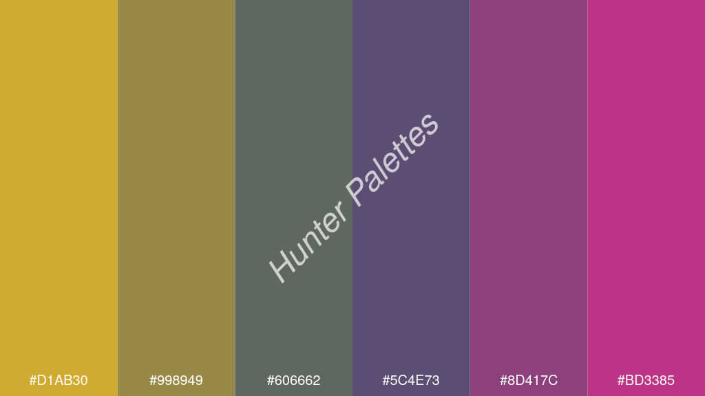 kékes szürke szín palettája a következőkkel: #d1ab30 #998949 #606662 #5c4e73 #8d417c #bd3385