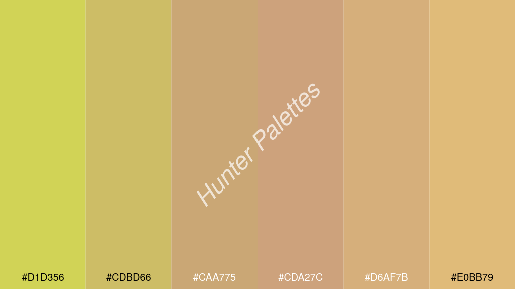 terracotta szín palettája a következőkkel: #d1d356 #cdbd66 #caa775 #cda27c #d6af7b #e0bb79
