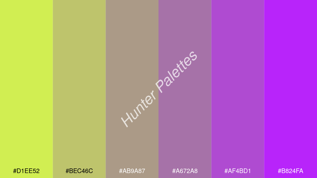 pasztell lila szín palettája a következőkkel: #d1ee52 #bec46c #ab9a87 #a672a8 #af4bd1 #b824fa