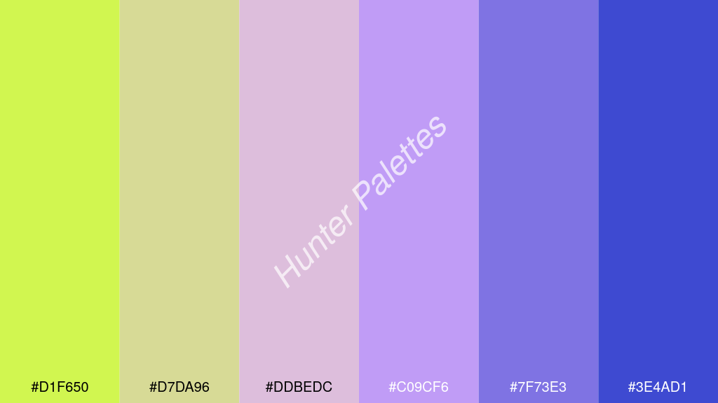 mályva szín palettája a következőkkel: #d1f650 #d7da96 #ddbedc #c09cf6 #7f73e3 #3e4ad1