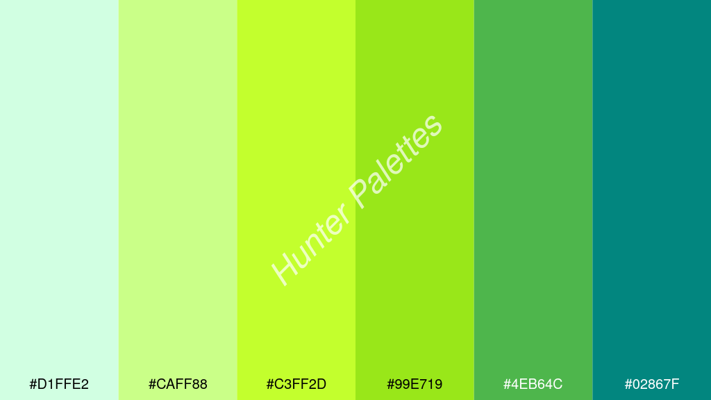limezöld szín palettája a következőkkel: #d1ffe2 #caff88 #c3ff2d #99e719 #4eb64c #02867f