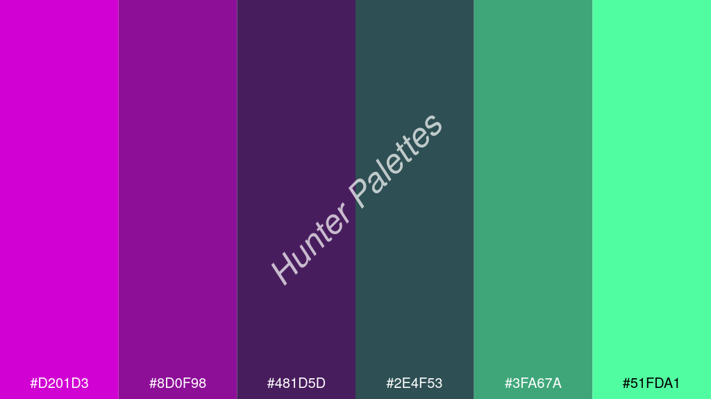 tengerészkék szín palettája a következőkkel: #d201d3 #8d0f98 #481d5d #2e4f53 #3fa67a #51fda1