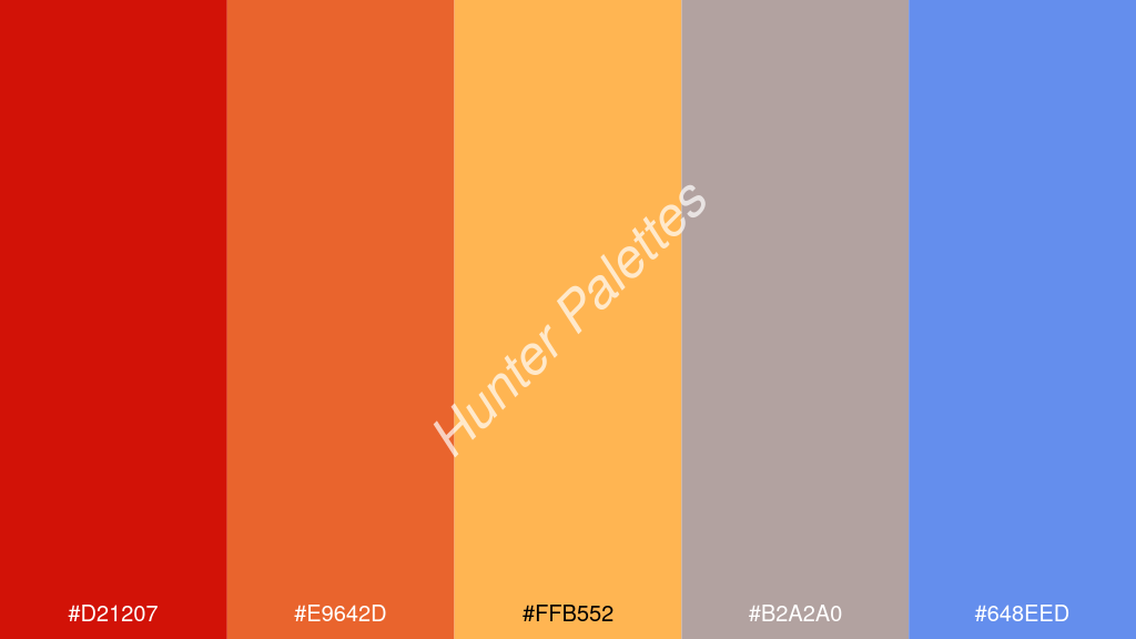 világos narancs szín palettája a következőkkel: #d21207 #e9642d #ffb552 #b2a2a0 #648eed