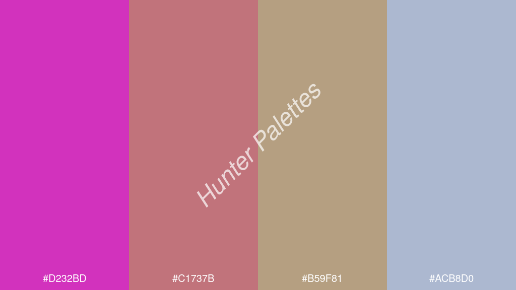 okker szín palettája a következőkkel: #d232bd #c1737b #b59f81 #acb8d0