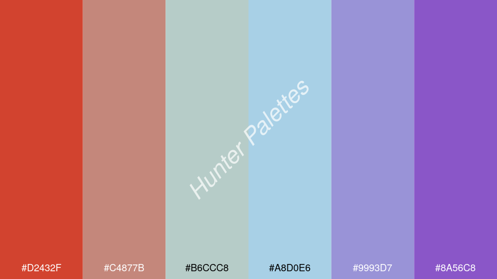halvány türkiz szín palettája a következőkkel: #d2432f #c4877b #b6ccc8 #a8d0e6 #9993d7 #8a56c8
