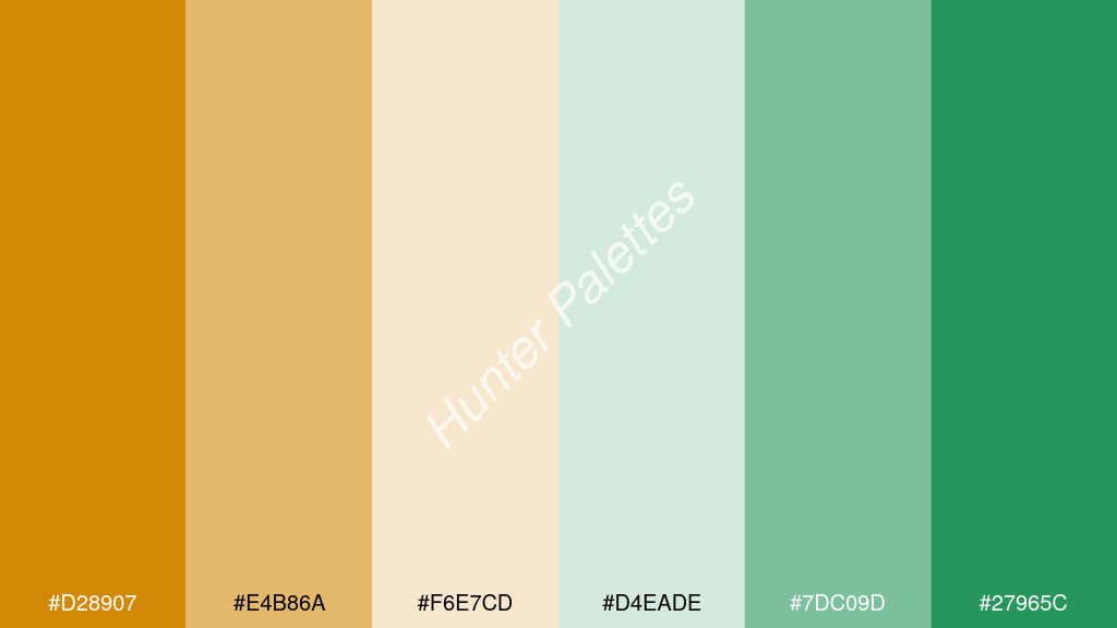 fehér szín palettája a következőkkel: #d28907 #e4b86a #f6e7cd #d4eade #7dc09d #27965c