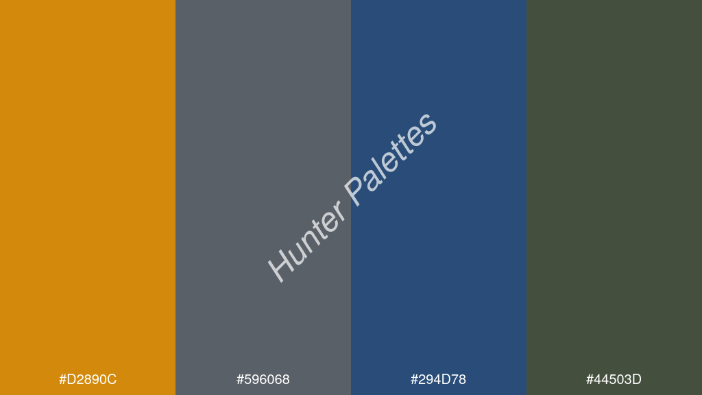 indigókék szín palettája a következőkkel: #d2890c #596068 #294d78 #44503d