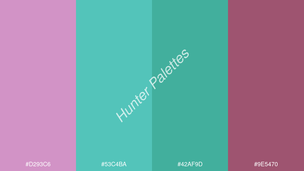 karibi zöld szín palettája a következőkkel: #d293c6 #53c4ba #42af9d #9e5470