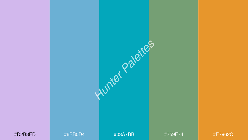 akvamarin kék szín palettája a következőkkel: #d2b8ed #6bb0d4 #03a7bb #759f74 #e7962c