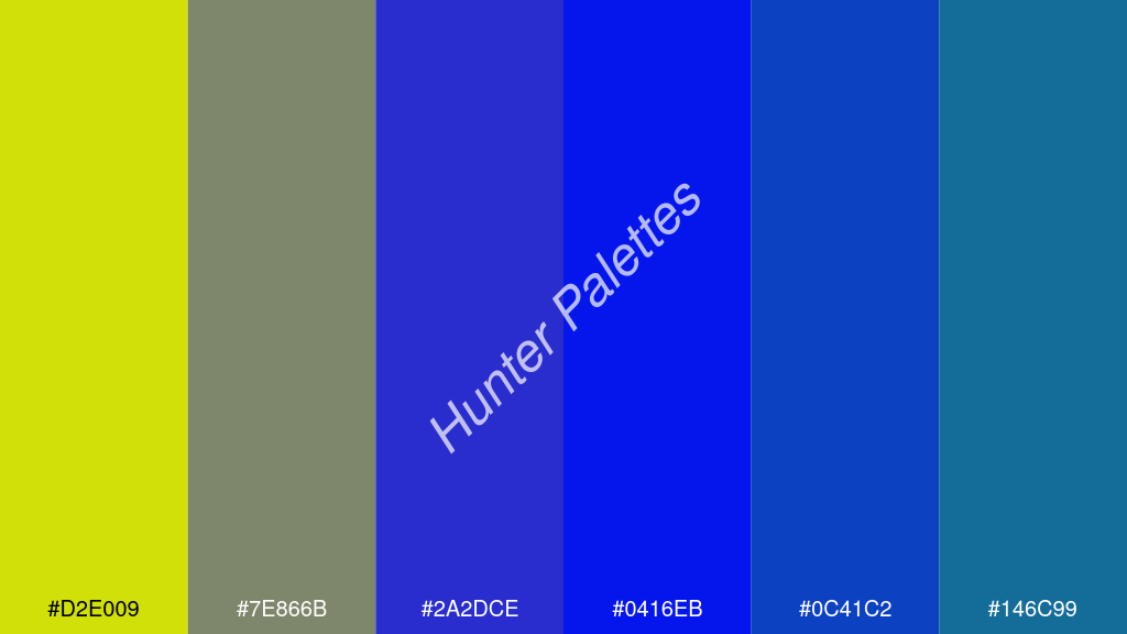 kék szín palettája a következőkkel: #d2e009 #7e866b #2a2dce #0416eb #0c41c2 #146c99