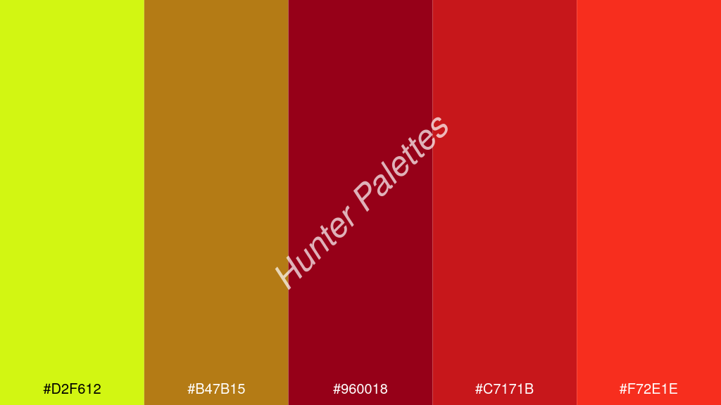 karmazsin szín palettája a következőkkel: #d2f612 #b47b15 #960018 #c7171b #f72e1e