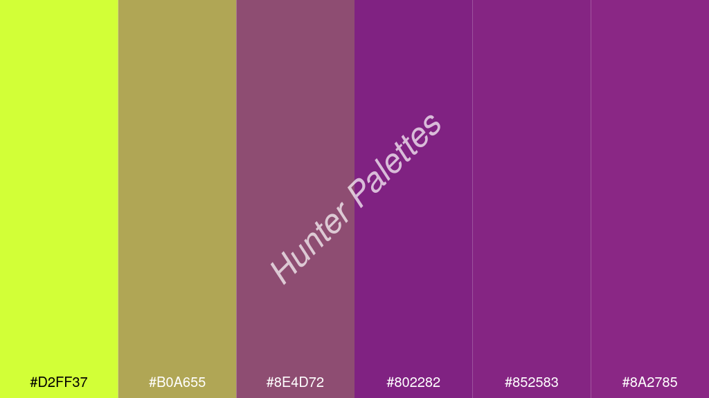 lila szín palettája a következőkkel: #d2ff37 #b0a655 #8e4d72 #802282 #852583 #8a2785