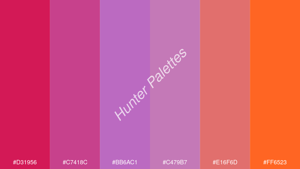 levendula szín palettája a következőkkel: #d31956 #c7418c #bb6ac1 #c479b7 #e16f6d #ff6523