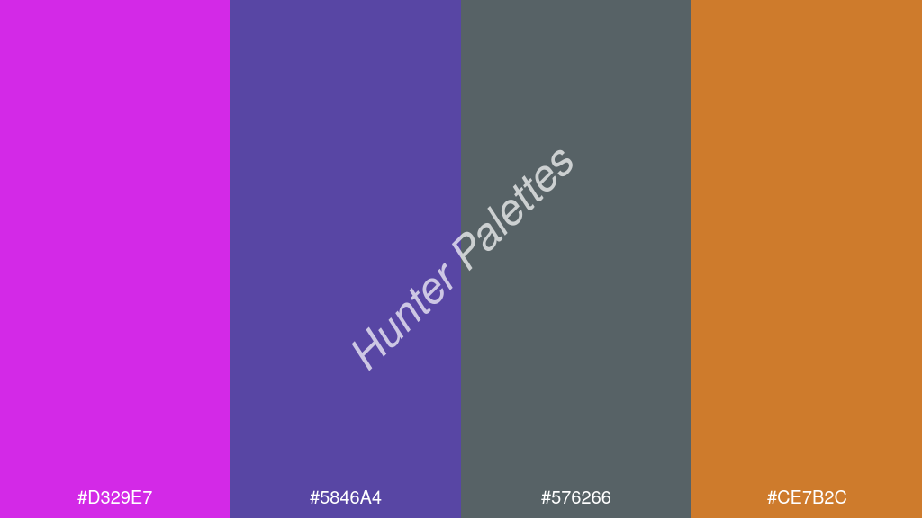 Capri kék szín palettája a következőkkel: #d329e7 #5846a4 #576266 #ce7b2c