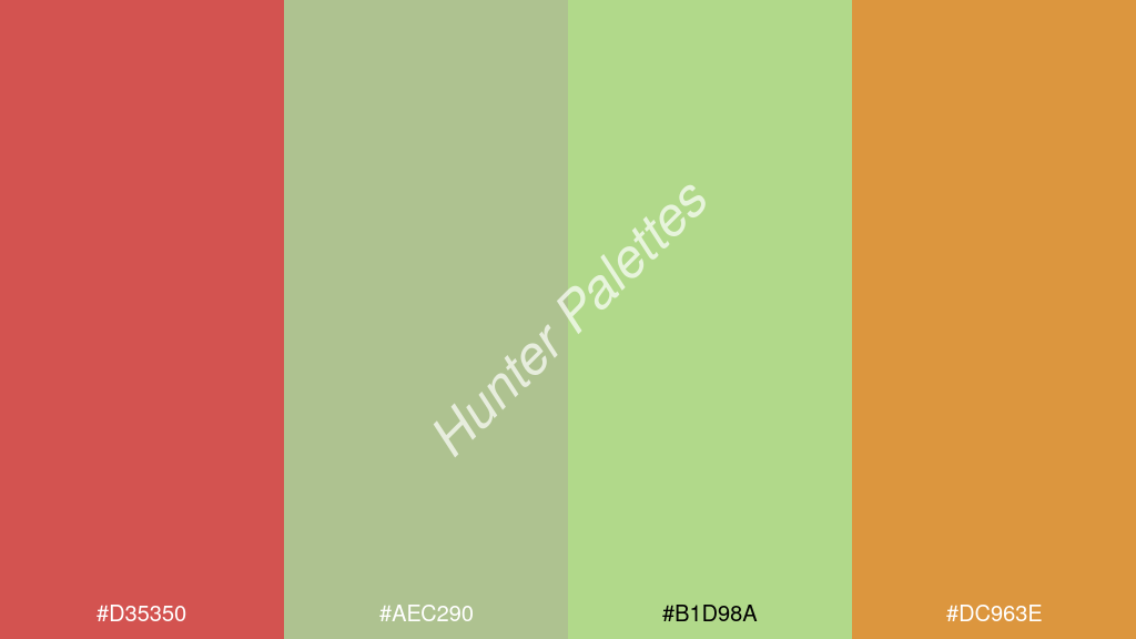 menta szín palettája a következőkkel: #d35350 #aec290 #b1d98a #dc963e