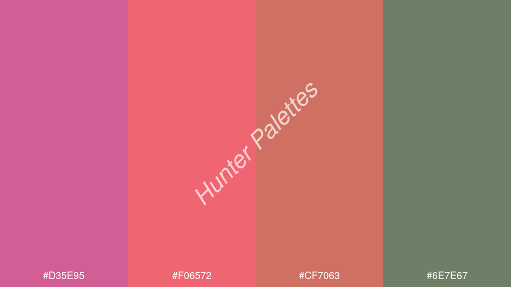 pasztell piros szín palettája a következőkkel: #d35e95 #f06572 #cf7063 #6e7e67