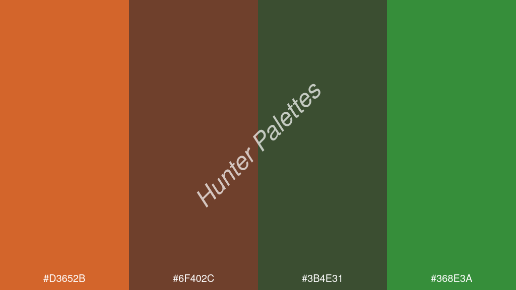 wenge szín palettája a következőkkel: #d3652b #6f402c #3b4e31 #368e3a