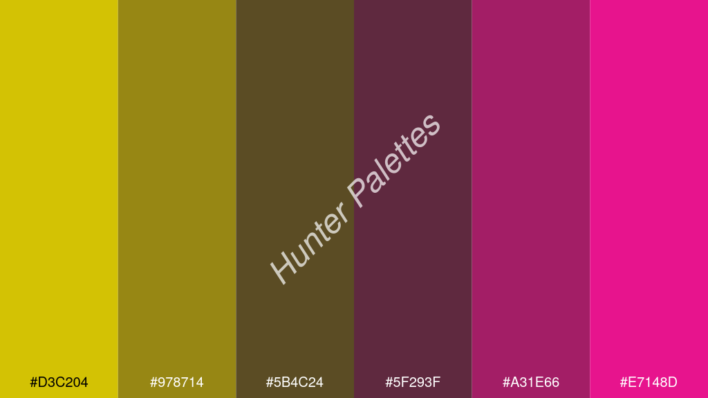 wenge szín palettája a következőkkel: #d3c204 #978714 #5b4c24 #5f293f #a31e66 #e7148d