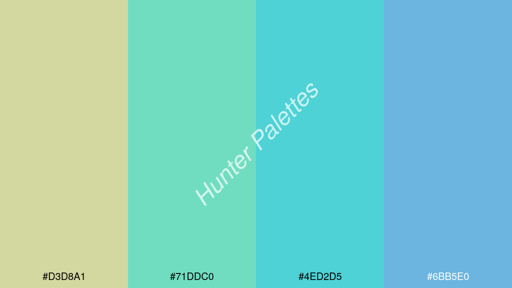 türkiz szín palettája a következőkkel: #d3d8a1 #71ddc0 #4ed2d5 #6bb5e0
