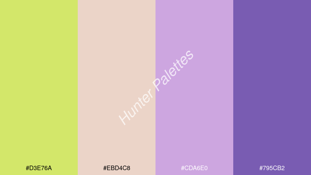 világos rózsaszín szín palettája a következőkkel: #d3e76a #ebd4c8 #cda6e0 #795cb2