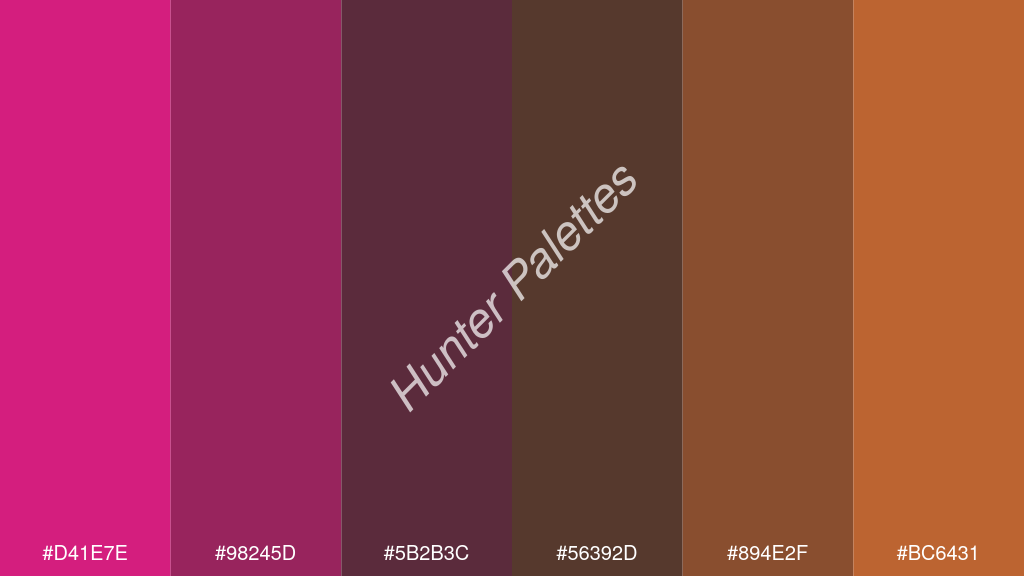 wenge szín palettája a következőkkel: #d41e7e #98245d #5b2b3c #56392d #894e2f #bc6431