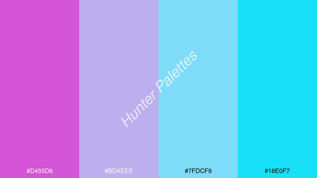 pasztellkék szín palettája a következőkkel: #d455d6 #bdaeee #7fdcf9 #18e0f7