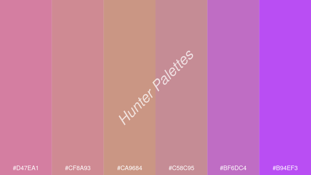 terracotta szín palettája a következőkkel: #d47ea1 #cf8a93 #ca9684 #c58c95 #bf6dc4 #b94ef3