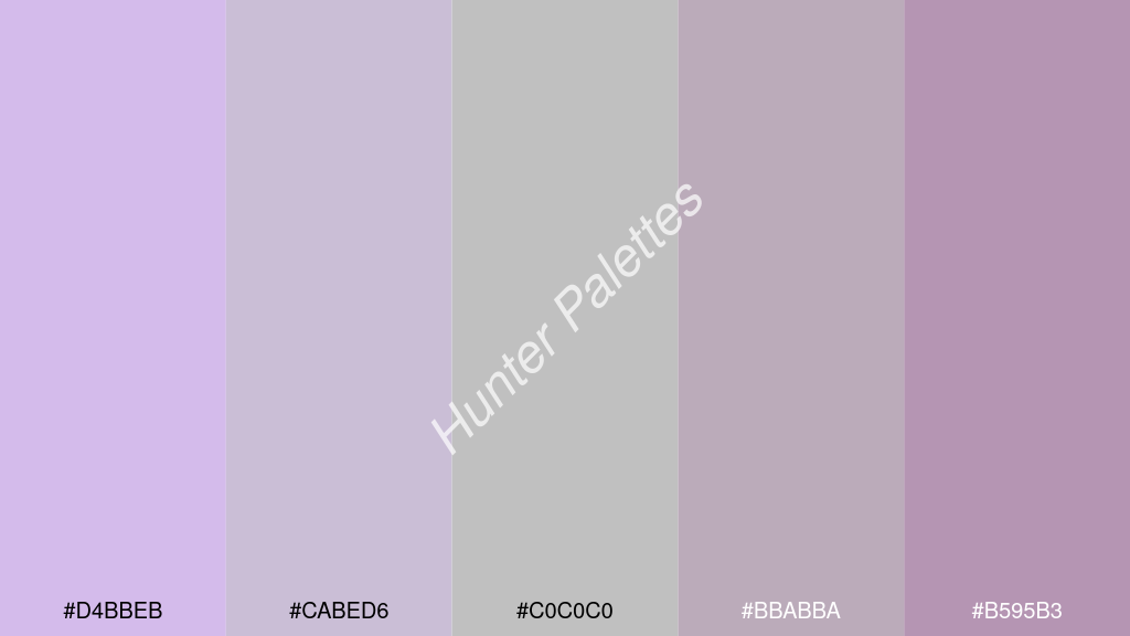 ezüstszürke szín palettája a következőkkel: #d4bbeb #cabed6 #c0c0c0 #bbabba #b595b3