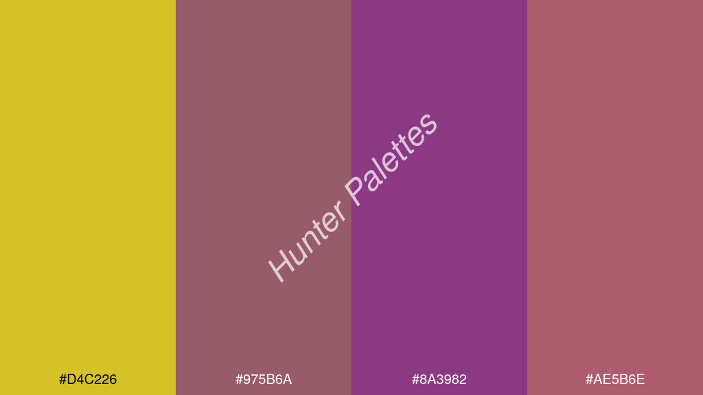 ibolya szín palettája a következőkkel: #d4c226 #975b6a #8a3982 #ae5b6e